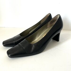 Vintage SRO Black Leather Heels Pumps Classic Business Retro Square Toe Women 7M